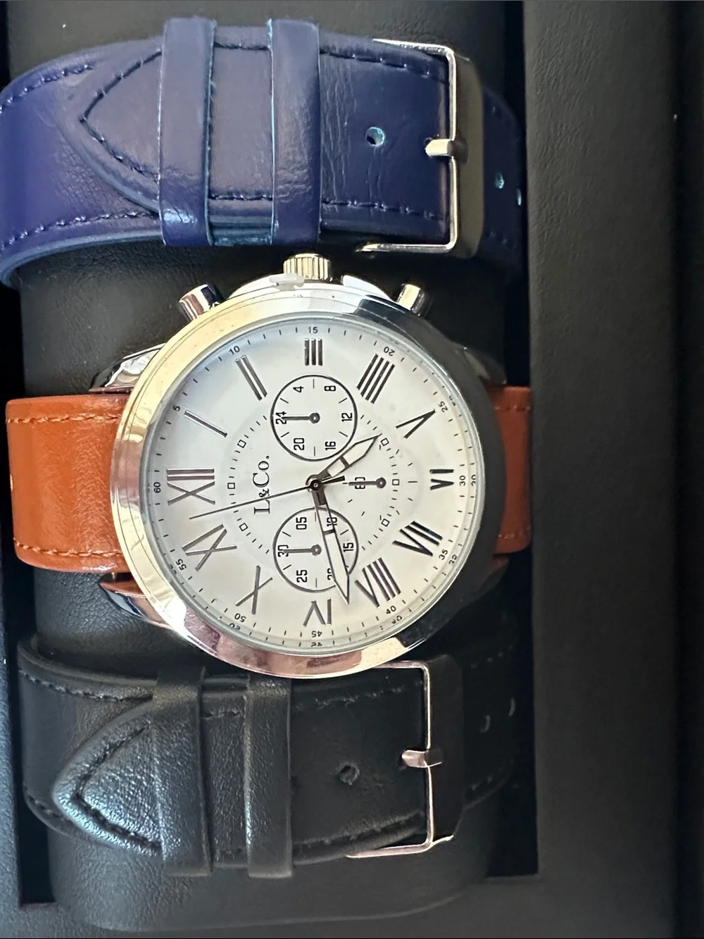 L & Co. Timepieces, Men's Black Watch Gift Box, featuring 3 band options